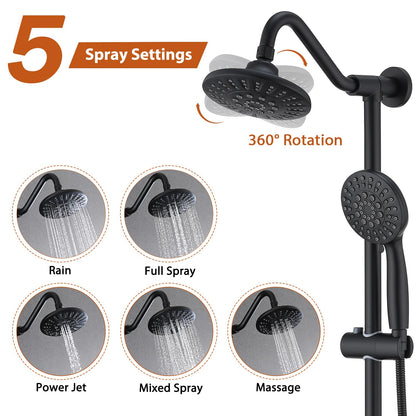 Matte Black Bathroom Shower Head and Handheld Showerhead Combo Shower System with Drill-Free slider bar, 5 jets Top Shower and 6 jets handheld shower