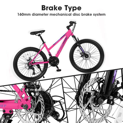 24 Inch Mountain Bike Shimano 21 Speed Dual Disc Brake Front Suspension For Boy Girl PINK