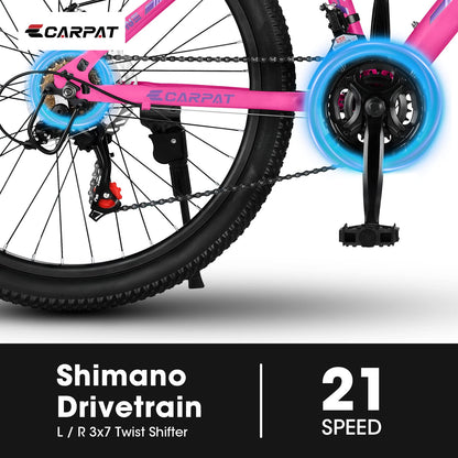 24 Inch Mountain Bike Shimano 21 Speed Dual Disc Brake Front Suspension For Boy Girl PINK