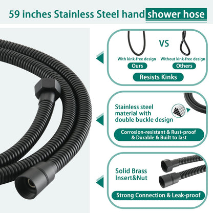 Matte Black Bathroom Shower Head and Handheld Showerhead Combo Shower System with Tub Spout,Drill-Free slider bar, 7 jets Top Shower and 7 jets handheld shower, Rough-in Valve Included