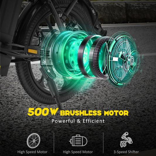 500W Folding 20 inch Fat Tire Electric City Commuter Bike 15.5 mph 48V 10.4 AH Removable Lithium Battery Adult Black