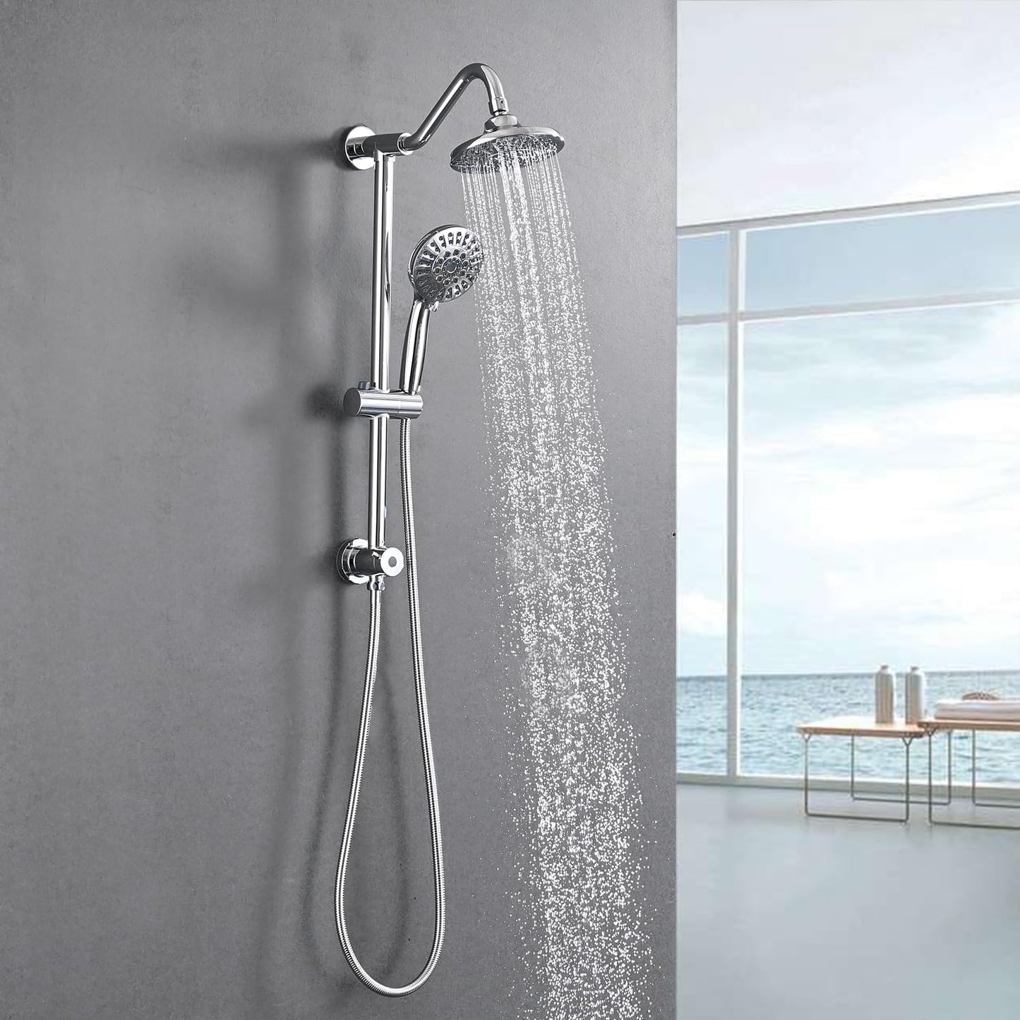 Chrome Shower Bathroom Head and Handheld Showerhead Combo Shower System with Drill-Free slider bar, 5 jets Top Shower and 6 jets handheld shower
