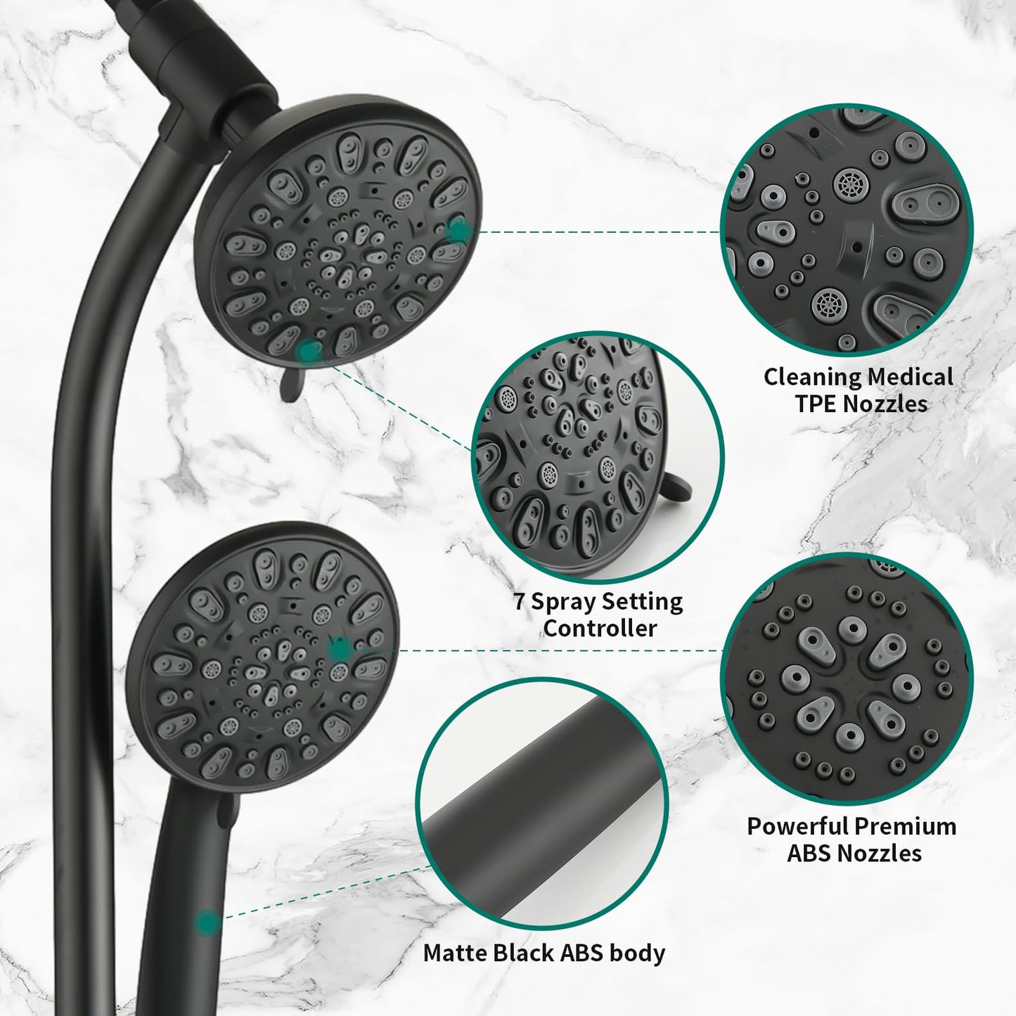 Matte Black Bathroom Shower Head and Handheld Showerhead Combo Shower System with Tub Spout,Drill-Free slider bar, 7 jets Top Shower and 7 jets handheld shower, Rough-in Valve Included