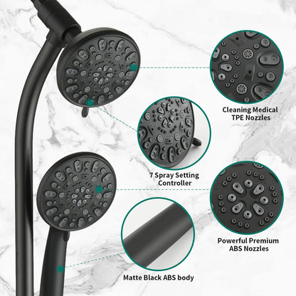 Matte Black Bathroom Shower Head and Handheld Showerhead Combo Shower System with Tub Spout,Drill-Free slider bar, 7 jets Top Shower and 7 jets handheld shower, Rough-in Valve Included