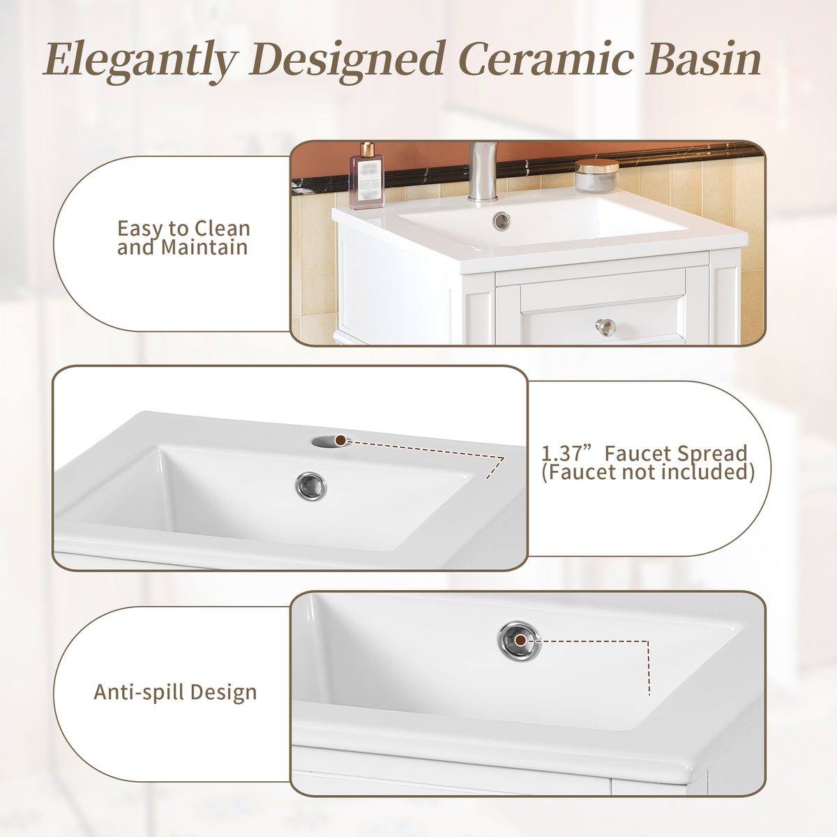 16" Bathroom Vanity with Sink, French Style Small Bathroom Vanity, Freestanding Wood Vanity Cabinet with Ceramic Sink Basin, Soft Close Door & U-Shaped Shelf,White