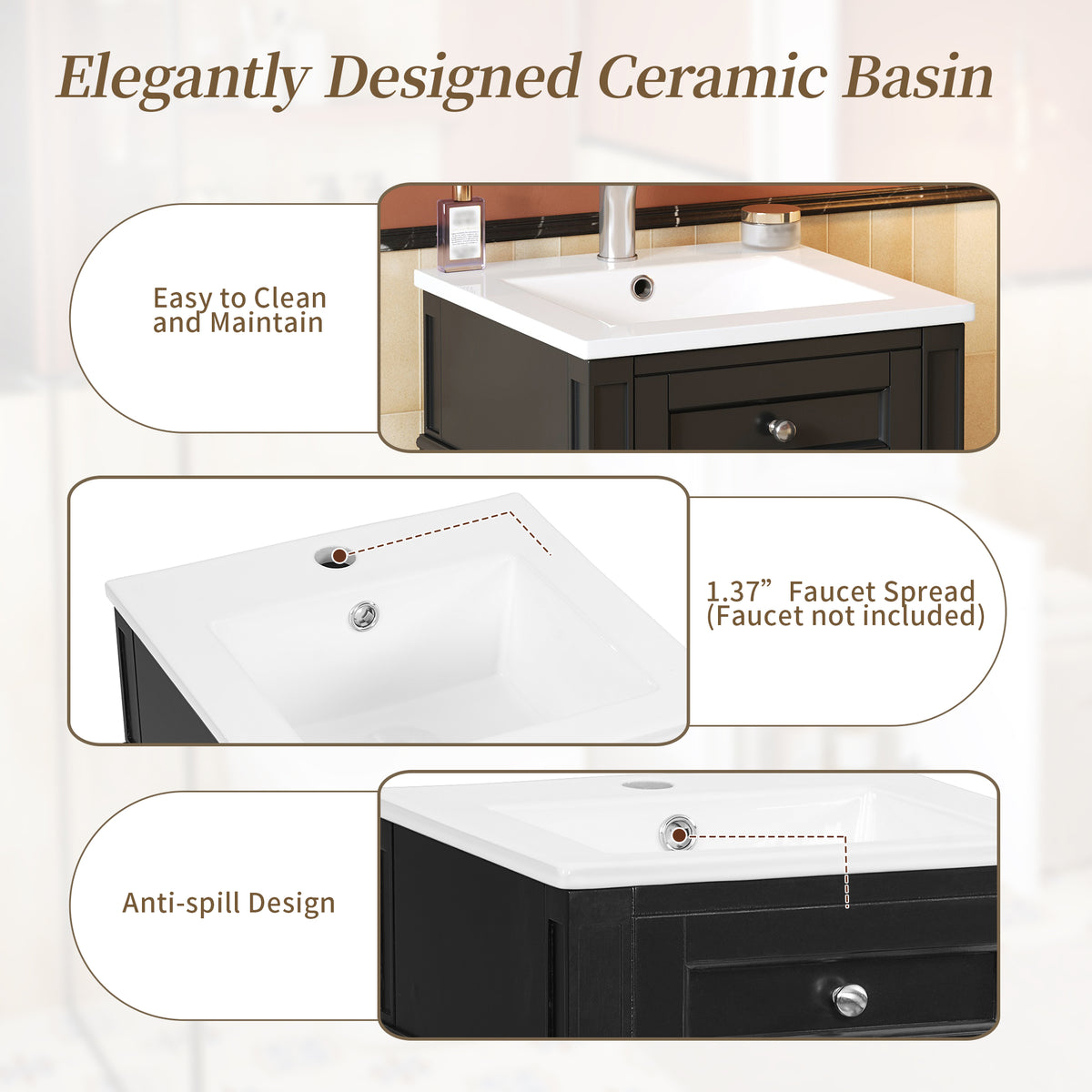 16" Bathroom Vanity with Sink, French Style Small Bathroom Vanity, Freestanding Wood Vanity Cabinet with Ceramic Sink Basin, Soft Close Door & U-Shaped Shelf,Black