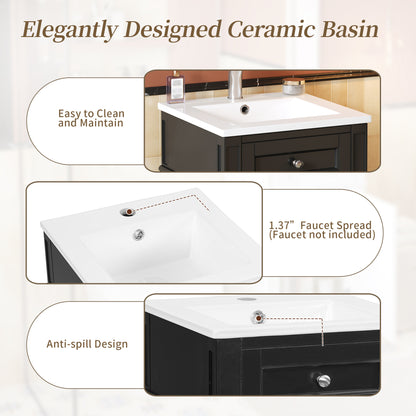 16" Bathroom Vanity with Sink, French Style Small Bathroom Vanity, Freestanding Wood Vanity Cabinet with Ceramic Sink Basin, Soft Close Door & U-Shaped Shelf,Black