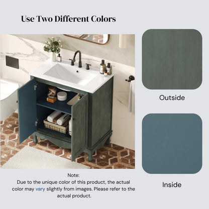31" Bathroom Vanity with Sink, Antique Bathroom Vanity with Rectangular Ceramic Sink & Tip-Out Tray, Rubber Wood Legs, Soft Close Door,Antique blue green