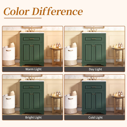 24" Bathroom Vanity with Sink, Small Bathroom Vanity with Tip-Out Drawer & Adjustable Storage, 3-Hole 4" Centerset Ceramic Sink with Overflow, Soft Close Door,Green