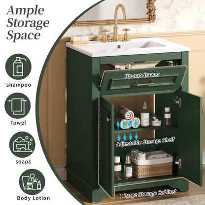 24" Bathroom Vanity with Sink, Small Bathroom Vanity with Tip-Out Drawer & Adjustable Storage, 3-Hole 4" Centerset Ceramic Sink with Overflow, Soft Close Door,Green