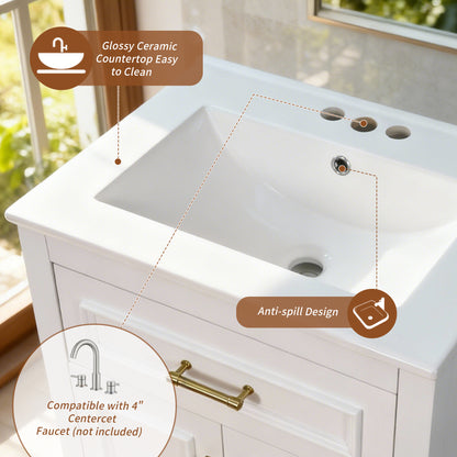24" Bathroom Vanity with Sink, Small Bathroom Vanity with Tip-Out Drawer & Adjustable Storage, 3-Hole 4" Centerset Ceramic Sink with Overflow, Soft Close Door,White