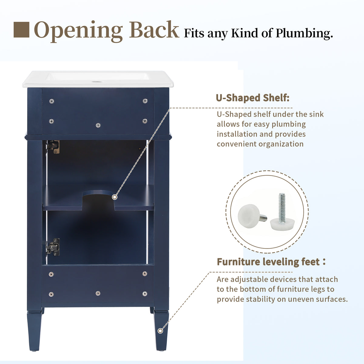 18" Bathroom Vanity with Sink, French Style Small Bathroom Vanity, Freestanding Wood Vanity Cabinet with Ceramic Sink Basin, Soft Close Door & U-Shaped Shelf,Blue