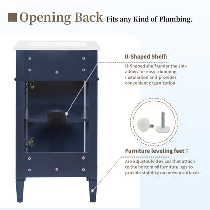 18" Bathroom Vanity with Sink, French Style Small Bathroom Vanity, Freestanding Wood Vanity Cabinet with Ceramic Sink Basin, Soft Close Door & U-Shaped Shelf,Blue